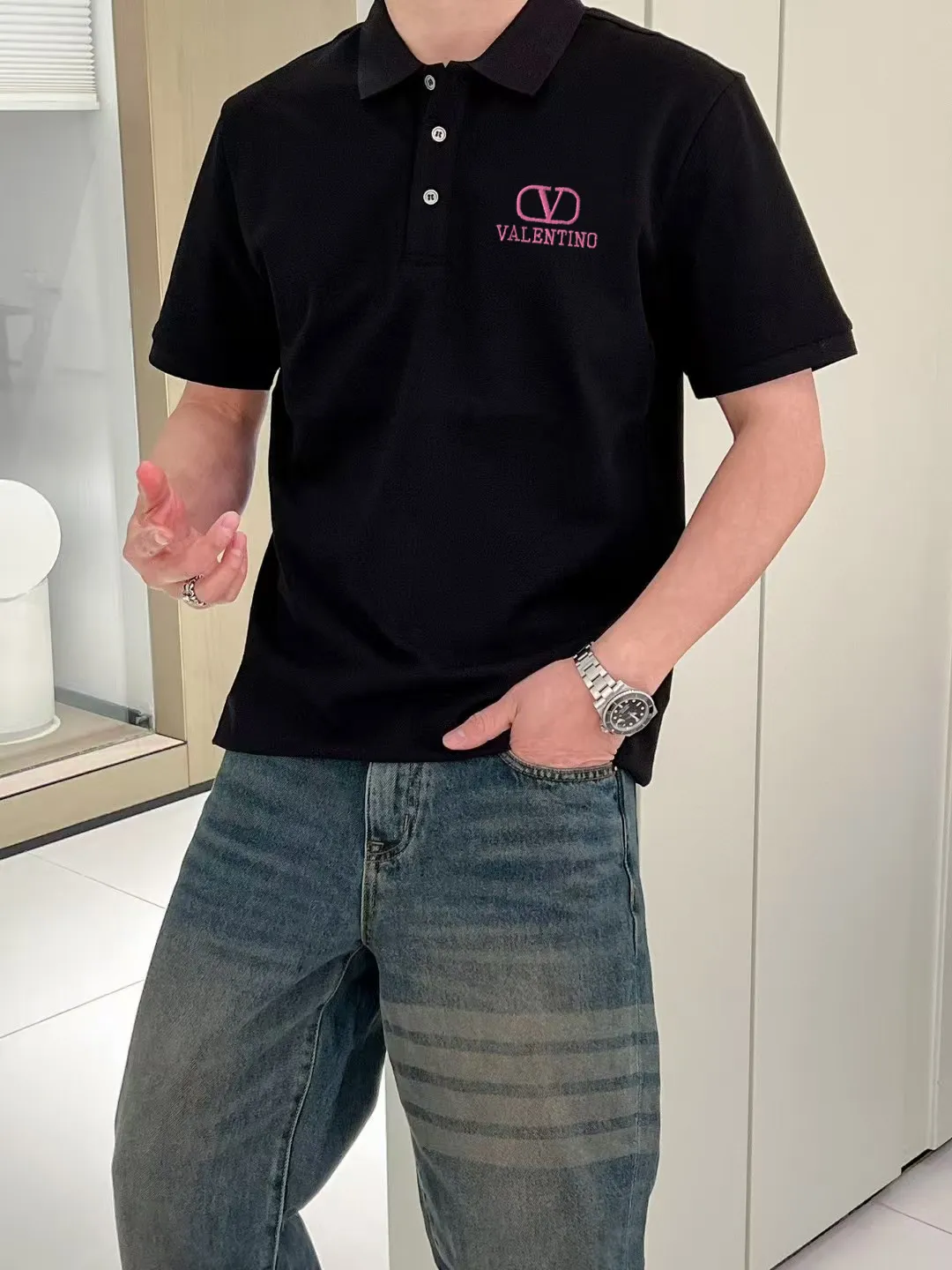 P100✨🔥 [valentine Valentino] 2026FW short-sleeved lapel polo shirt Color: Black White Size: S-XXL